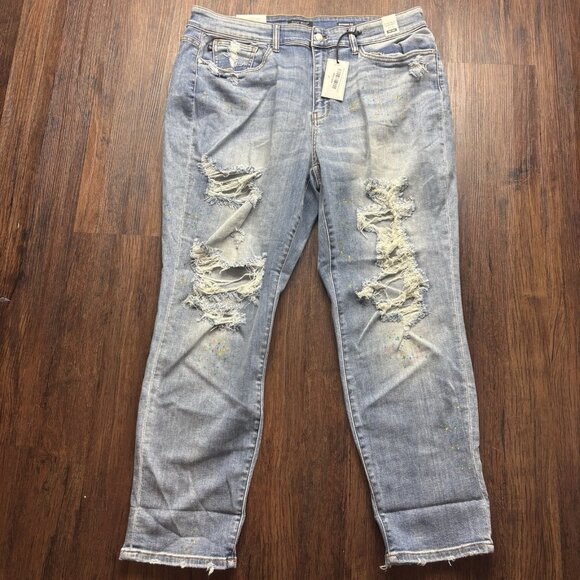 Judy Blue Boyfriend Fit Jeans Rainbow Paint Splash Destroyed Light Wash Size 22W - Picture 1 of 14